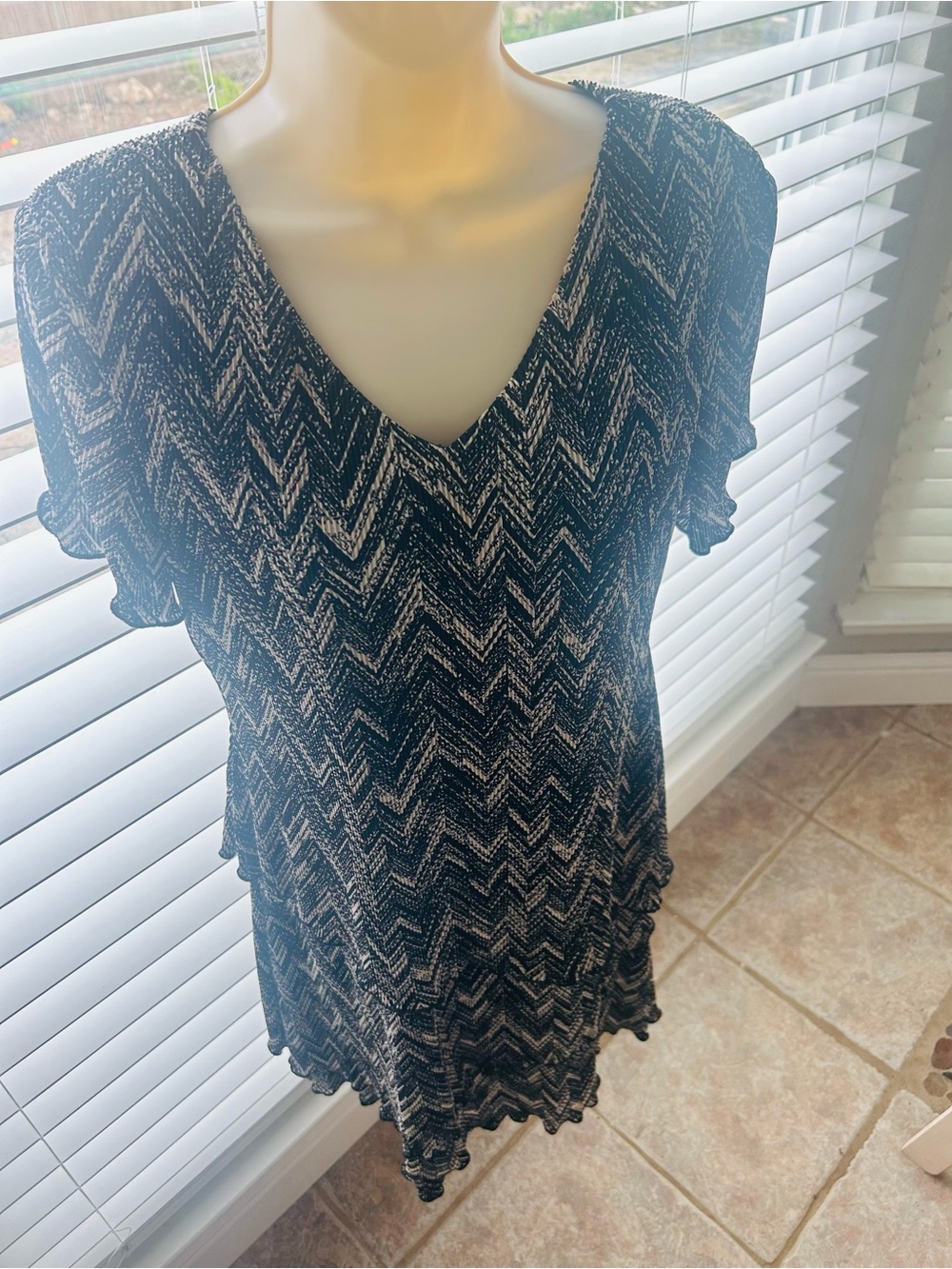 connected apparel Black and White Chevron Tiered Midi Dress